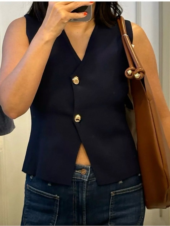 Zara Tops - Zara Basic Knit Button Top in Navy Blue
